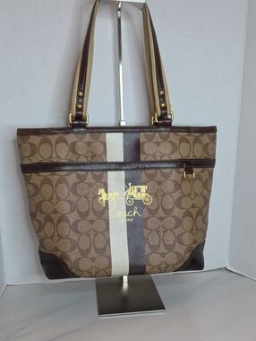 Coach Brown Heritage Signature Stripe Tote - Style 13196